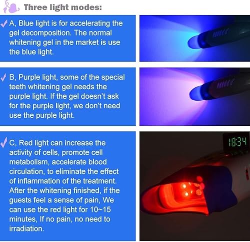 Miniatura 4 de Lámpara de blanqueamiento de dientes de 3 modos LED azul púrpura rojo, profesional LED dental blanqueador de dientes luz blanqueadora con accesorios