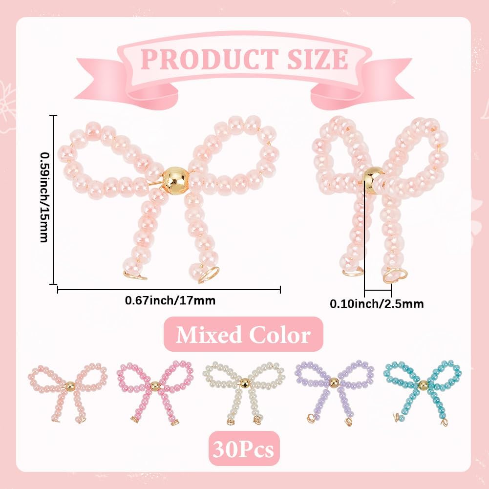 SUNNYCLUE 1 Box 30Pcs 5 Colors Beaded Bow Charms Bowknot Charms Bulk Seed Beads Cute Glass Small Bow Pendants for Jewelry Making Supplies DIY Craft Necklace Bracelet Findings Key Chains Women Adults - Image 2