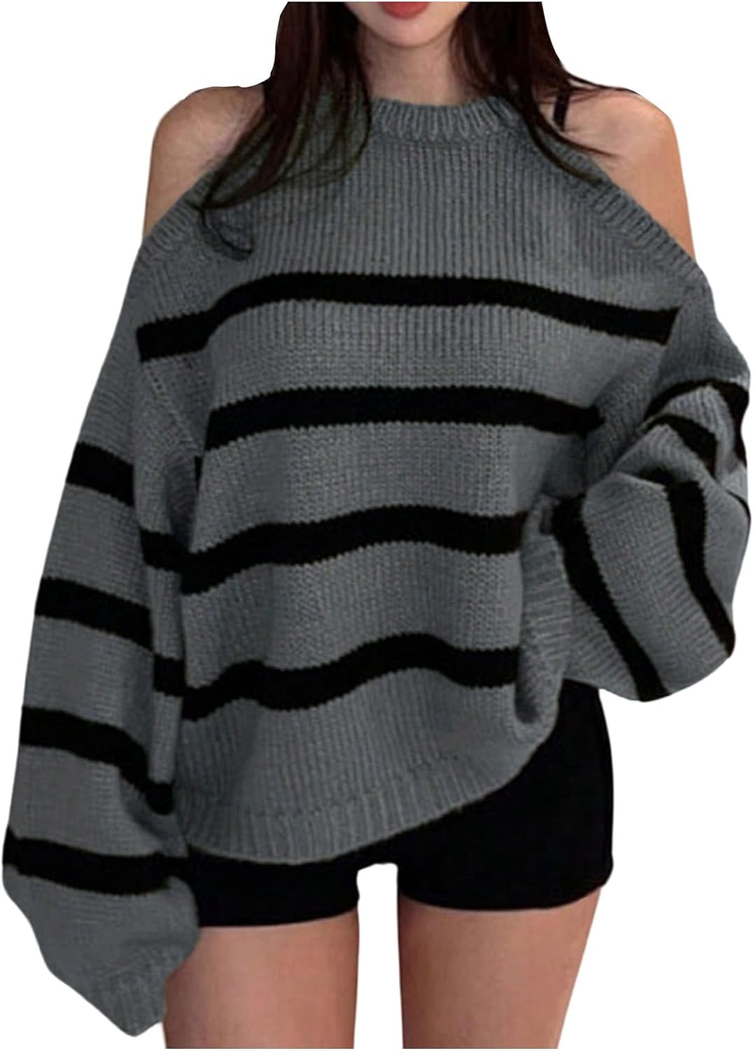 Verdusa Women's Cold Shoulder Crew Neck Sweater Oversized Striped Pullover Sweaters Streetwear Knit Tops