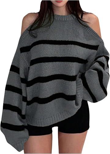 Verdusa Women's Cold Shoulder Crew Neck Sweater Oversized Striped Pullover Sweat