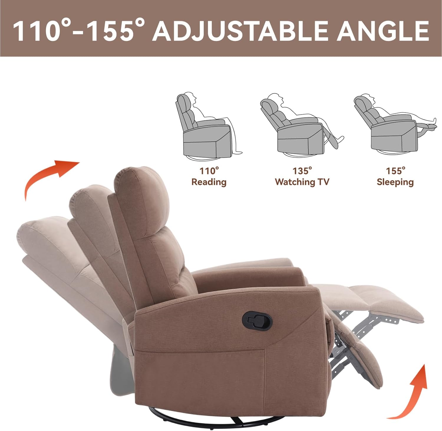 Swivel Rocking Recliner Chair, Upholstered Glider Rocker with Adjustable Backrest and Footrest, Modern Rocking Chair for Adults with 2 Pockets for Nursery, Lounge, Bedroom, Living Room (Brown)