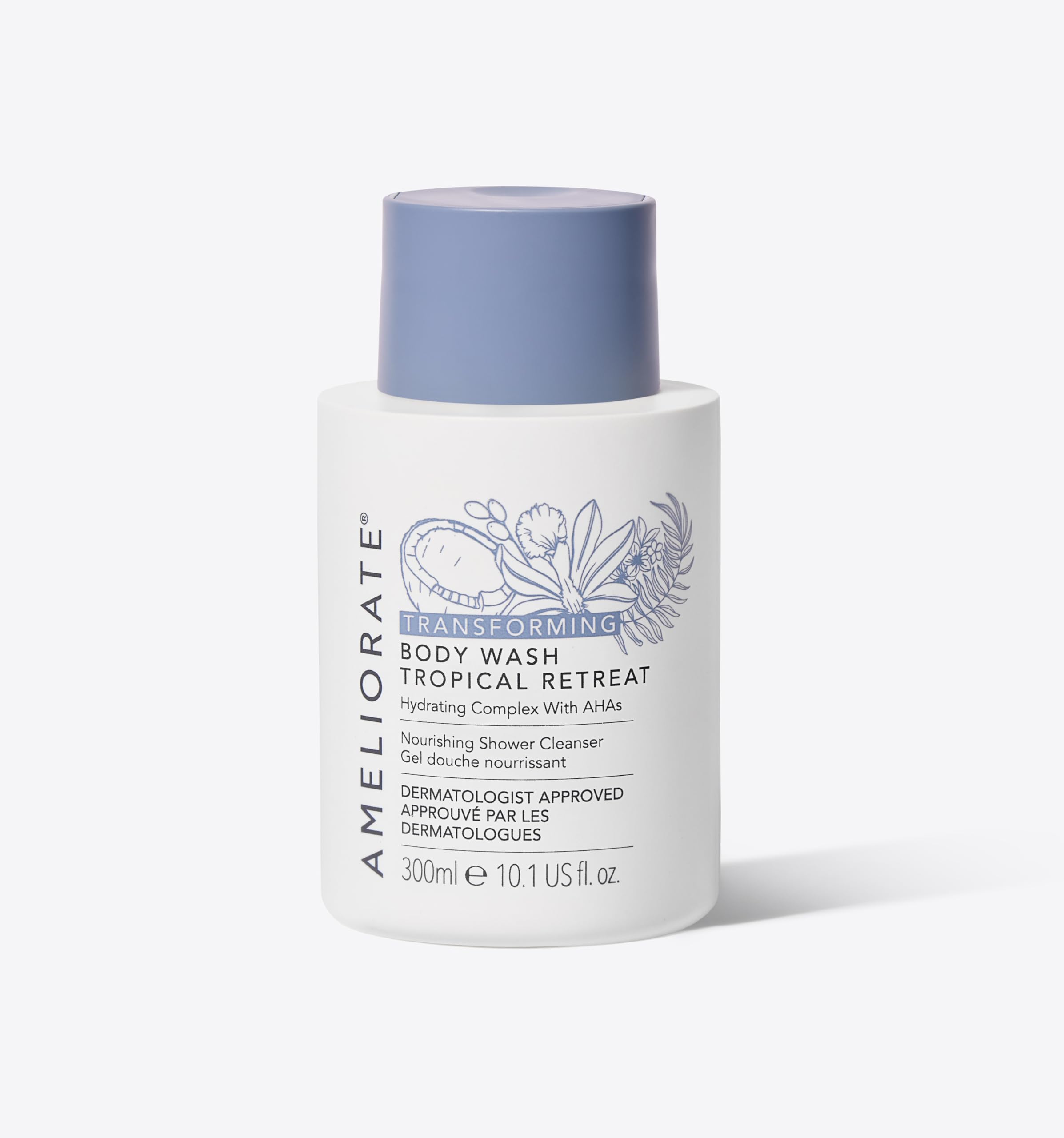 AMELIORATE Transforming Body Wash Tropical Retreat 300ml for Keratosis Pilaris (KP) & Dry Skin with AHAs + Omega Oils | Bergamot, Coconut & Vanilla | Dermatologically Approved + Clinically Proven