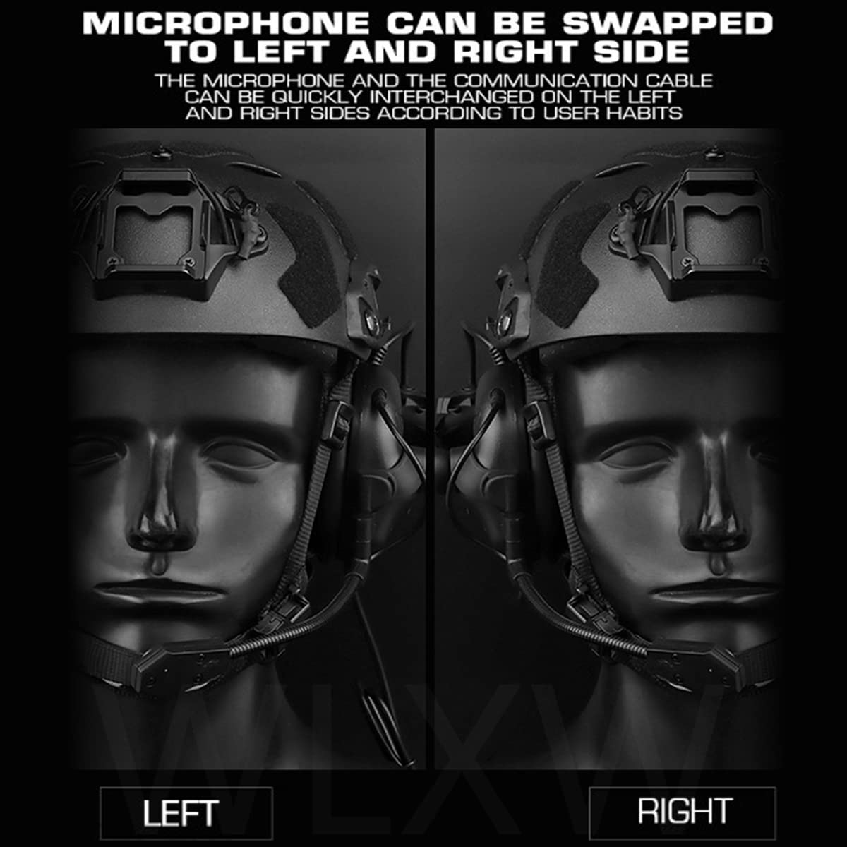WLXW Auriculares Tácticos para Airsoft (Montados En La Cabeza Y Montados En El Casco), Auriculares con Ancelación Ruido Militar con Adaptador Riel Casco Táctico Rotación Multiángulo
