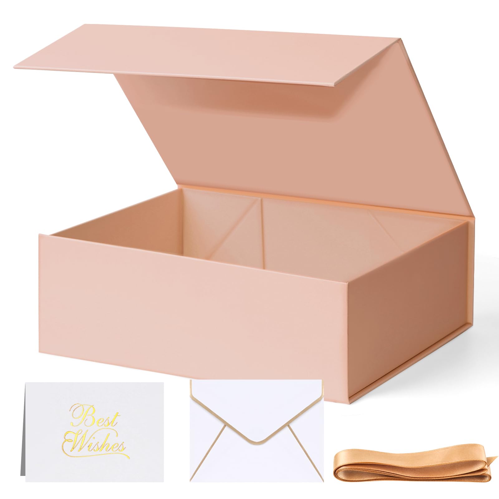 Shindel Rose Gold Gift Box with Ribbon Greeting Card Magnetic Closure - 9.4"x6"x3" for Wedding or Birthday Presents