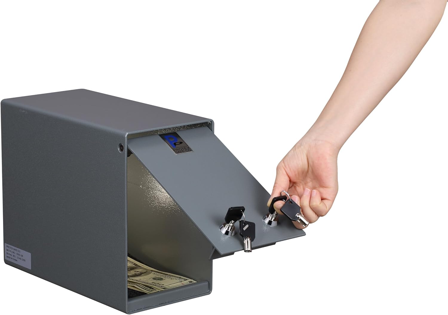 Protex Drop Box Safe (SDB-106), for cash, checks and envelopes,Dual Key Lock, Heavy-Duty, Saw-toothed baffle to protect slot, Powder coated finish, Pre-drilled anchoring holes Gray