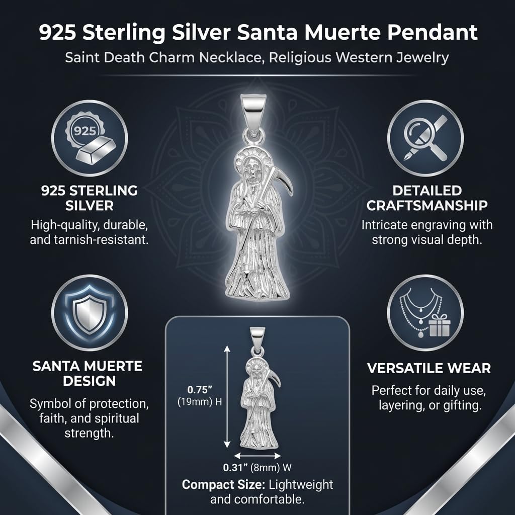 Luxury 925 Sterling Silver Santa Muerte Pendant High End Saint Death Charm Religious Western Jewelry 0.75 Inch Long