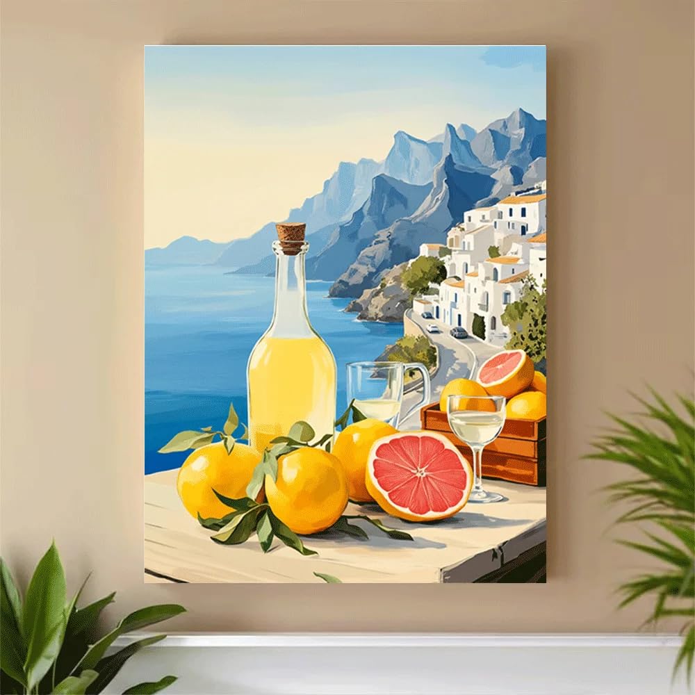 GKUVBF Affiche sur toile citron, paysage naturel chaud de la côte méditerranéenne, impression d'art minimaliste pour décoration murale (60x80cm/cadre intérieur)
