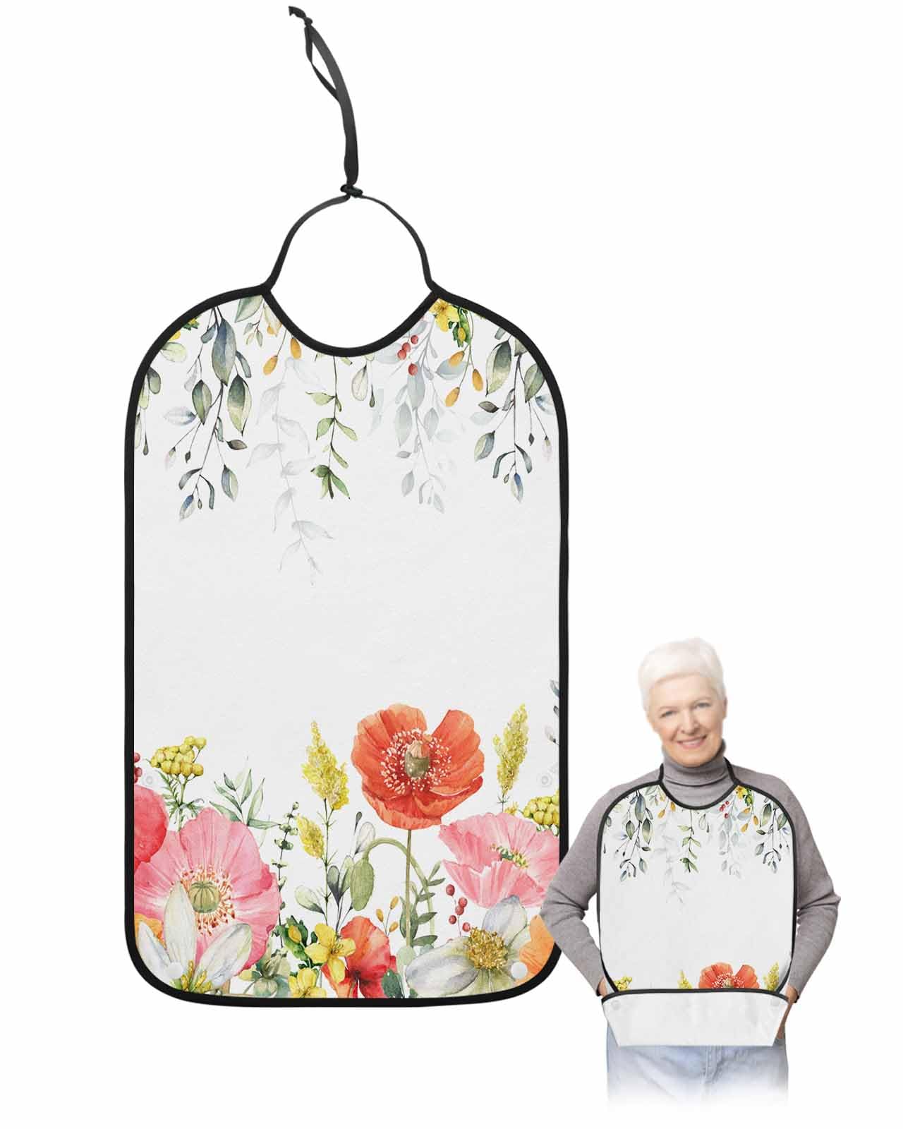 LEOKOTI Spring Floral Adult Bibs for Eating, Waterproof Bibs with Food Catcher & Adjustable Snap Closure, Elegant Summer Flowers Botanical Chic Washable Clothing Protectors Adult Bibs for Elderly