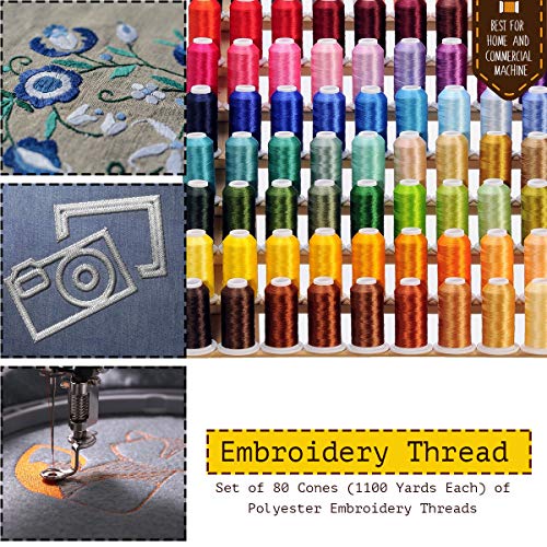 80 Cones (1100 Yards Each) Of Polyester Embroidery Threads Compatible With Brother Babylock Janome Singer Pfaff Husqvarna Bernina Machines #TOP3