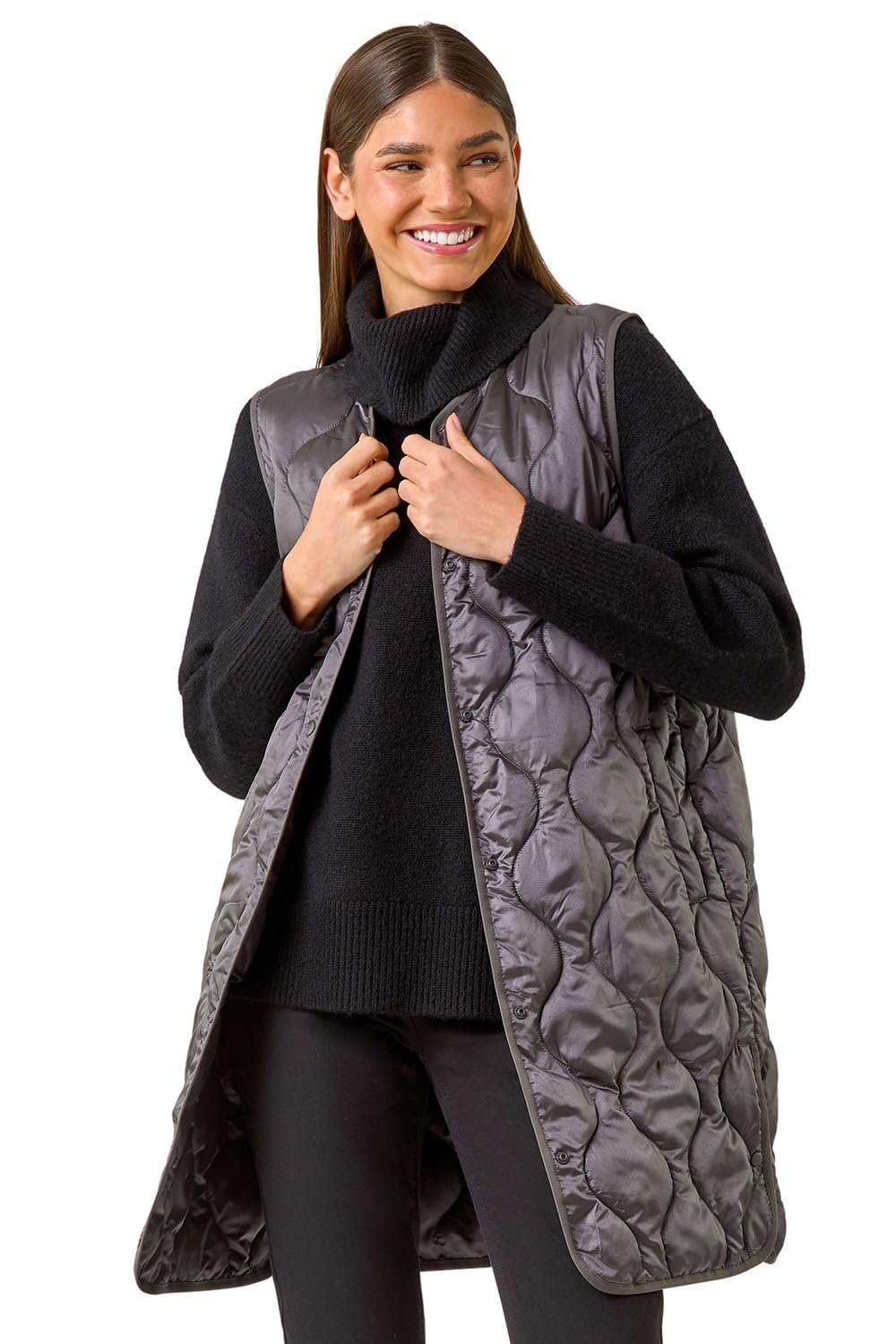 Roman Originals Women's Ash Quilted Collarless Buttoned Gilet For Uk - Everyday Autumn Winter Funnel Neckline Comfy Soft Evening Vacation Work Party Night Out - Size 10