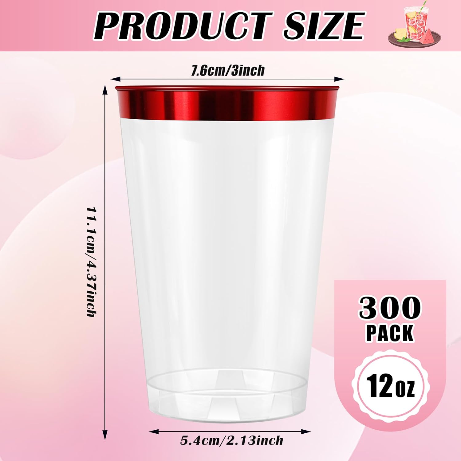 100 Pcs Red Plastic Cups,12 oz Red Rimmed Plastic Cup,Disposable Wine Glasses,Elegant Cocktail Drinking Cup, Clear Party Cups for Wedding Birthday Family Gatherings Holiday