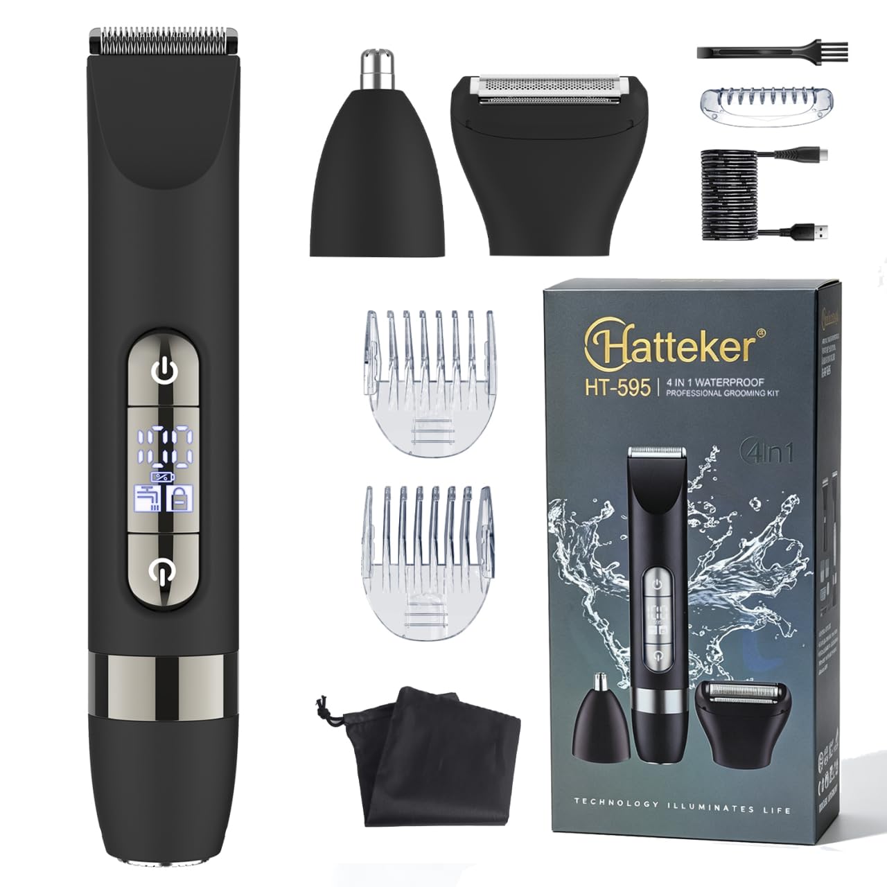 Hatteker 4 in 1 Multifunctional Dual - Head Body Hair Trimmer for Men, IPX7 Waterproof Groin & Body Hair Groomer, Rechargeable Body Electric Shaver Razor