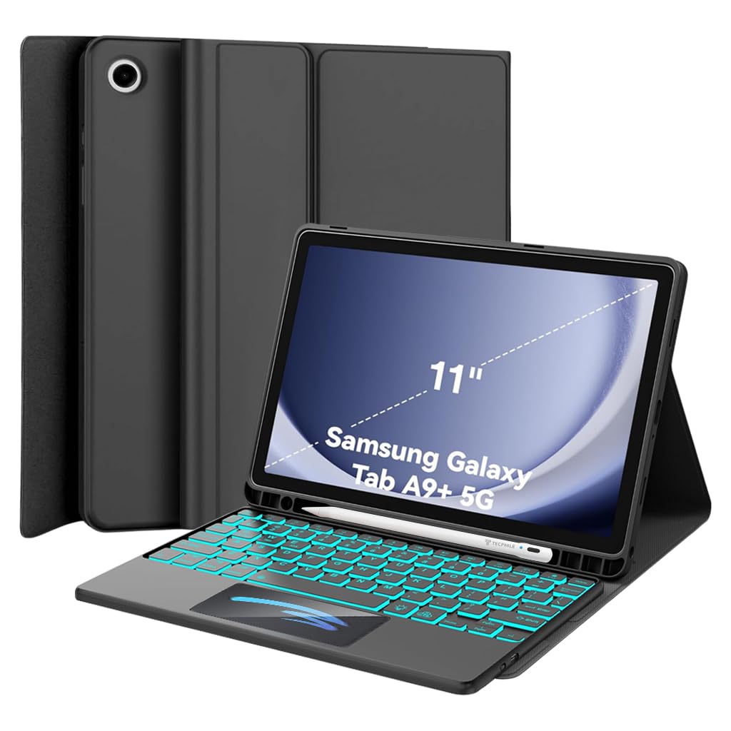 Keyboard Case for Samsung Galaxy Tab A9 Plus 11″ A9+ Cover SM-X210, SM-X215, SM-X216B, Trackpad, 7 Color Backlit, Magnetically Detachable Bluetooth Keyboard, Multi-Angle View, Auto Sleep Mode