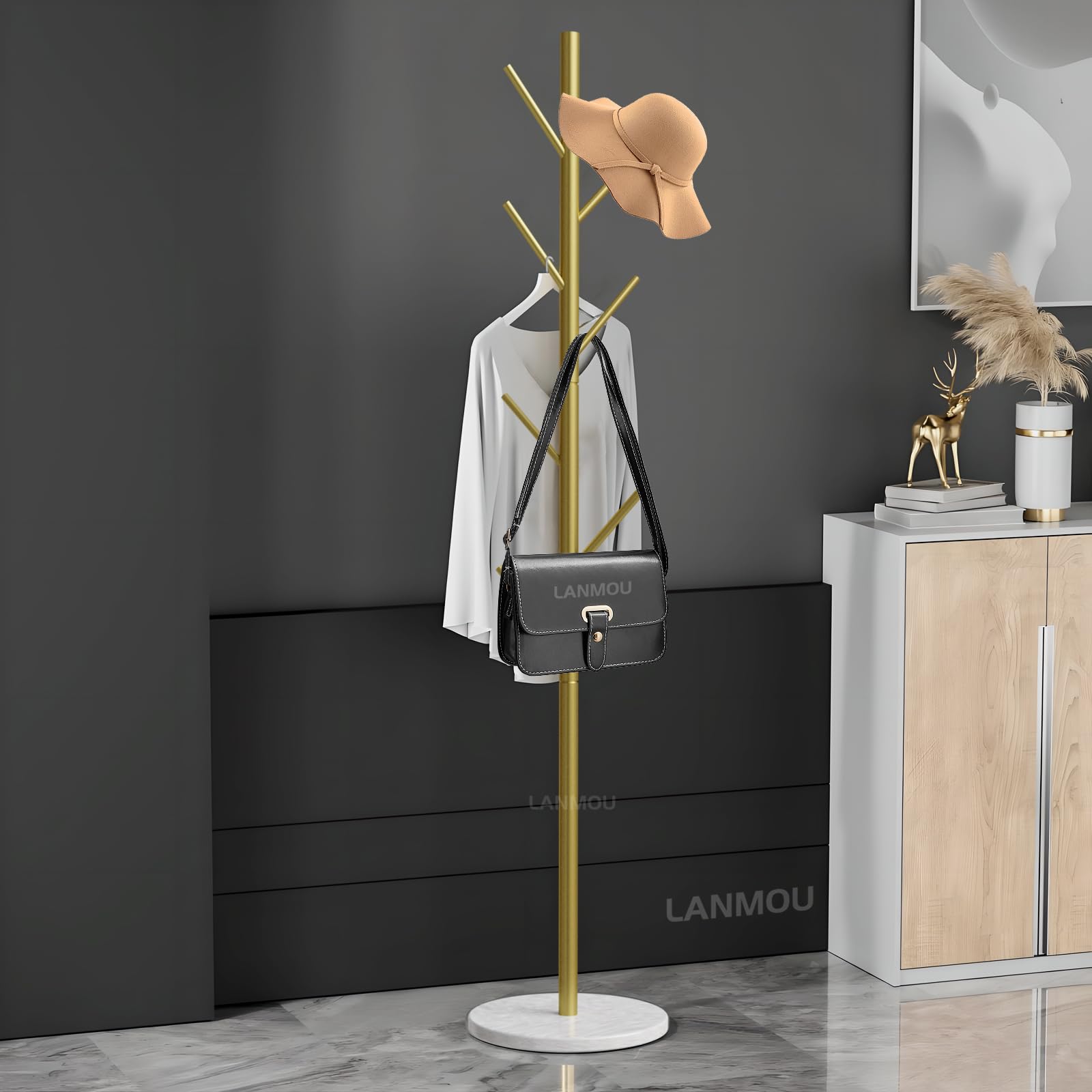 Perchero, Perchero de pie de Metal con Base de Mármol Estable, Oro, 7 Ganchos para Abrigo, Sombrero, Bolso, para Entrada, Pasillo, Dormitorio o Recibidor, H 170cm