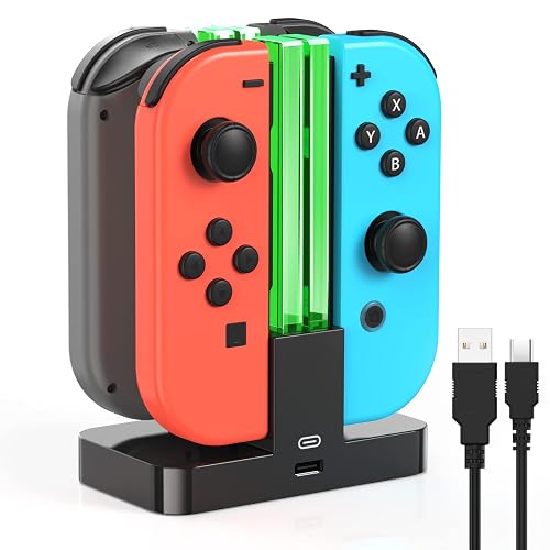 Switch Controller Charger for Joy Cons & Dock Station for Nintendo Switch | 4 in 1 Charging Station for Multiplayer Gaming, Neat Desktop Storage Accessory for Home Gaming and Travel with USB C Cable