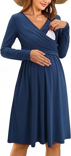 OUGES Vestidos de maternidad con cuello en V para mujer, vestido de lactancia materna, baby shower