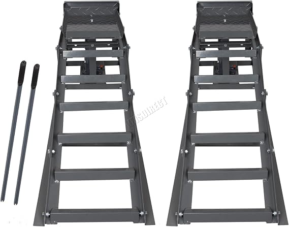 SwitZer Metal Vehicle Car Ramp Lift With 2 Ton Hydraulic Jack 1 Pair Height Adjustable Garage Heavy Duty Grey New