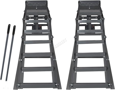 SwitZer Metal Vehicle Car Ramp Lift With 2 Ton Hydraulic Jack 1 Pair Height Adjustable Garage Heavy Duty Grey New