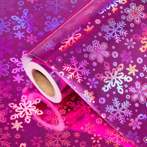 WRAPAHOLIC Snowflake Christmas Wrapping Paper Roll - Mini Roll - 17 Inch x 16.5 Feet - Pink Metallic Holographic Snowflake Wrapping Paper for Christmas, Birthday, Wedding, Baby Shower