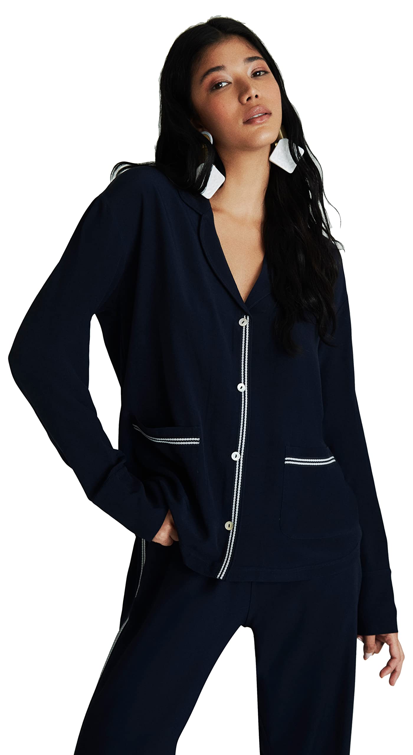 2022PYJAMA0020 Boyfriend Viskon Pijama Takımı, Lacivert, M