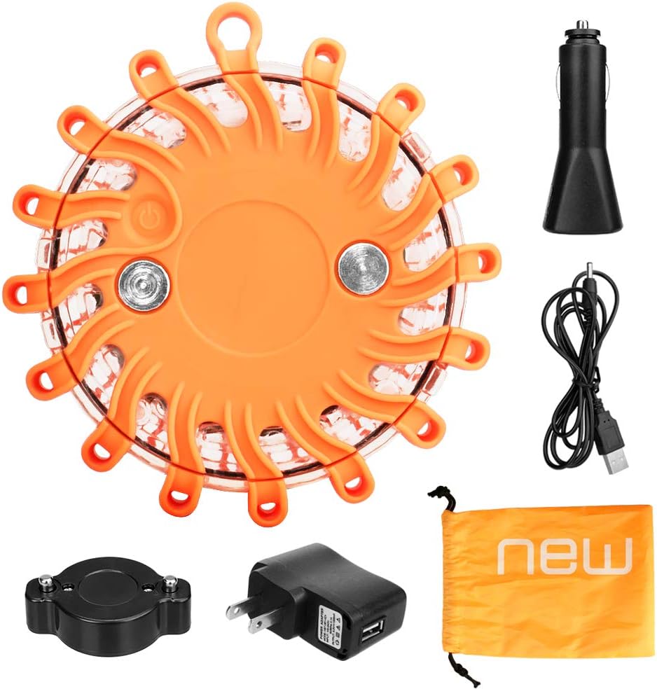 GOSTAR Rechargeable 16 LED Road Flares Flashing Magnetic Base Warning Light Roadside Flare Emergency Lights Beacon Disc for Car SUV Boat