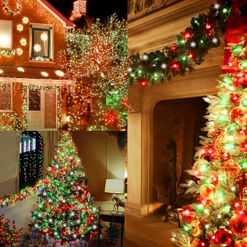 Image of Christmas Lights White Green Red String Lights, 4 Pack Totel 400LED Copper Lights Battery Operated Remote Control Fairy Lights for Xmas Tree, Party, Home, Indoor Outdoor Decor