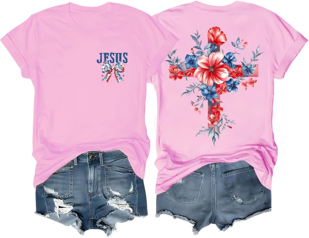 Faith Cross Christian T-Shirt with Boho Floral Cross Print Short Sleeve Casual Graphic Tee for Women