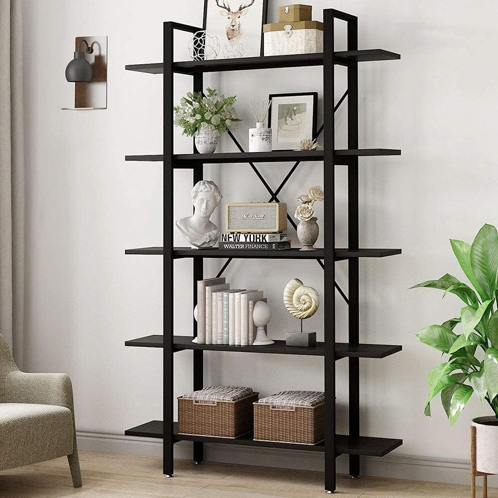 YOLEO Bookcase 5 Tiers, Standing Book Shelf, Shelving Unit, Tall Book Case with Steel Frame, Display Storage Rack for Living Room, Home Office, Bedroom,Black