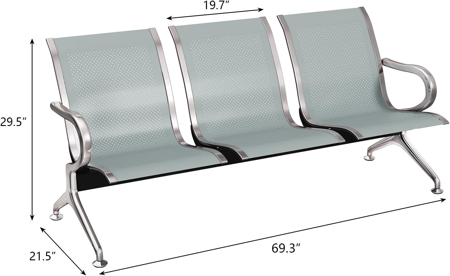 Kinfant Silver Waiting Room Bench Set - 3-Seat Chairs Office Guest Reception Benches with Armrest for Waiting Room Lobby Airport Hospital Bank Salon(Sliver Mesh, Set of 3)