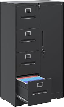 4 Drawer File Cabinet with Lock & 1 Door, Metal Storage Unit with Shelves and Hanging Rod, Vertical Filing Cabinet for Home Office, Fits Letter/Legal/A4/F4, Easy Assembly Black