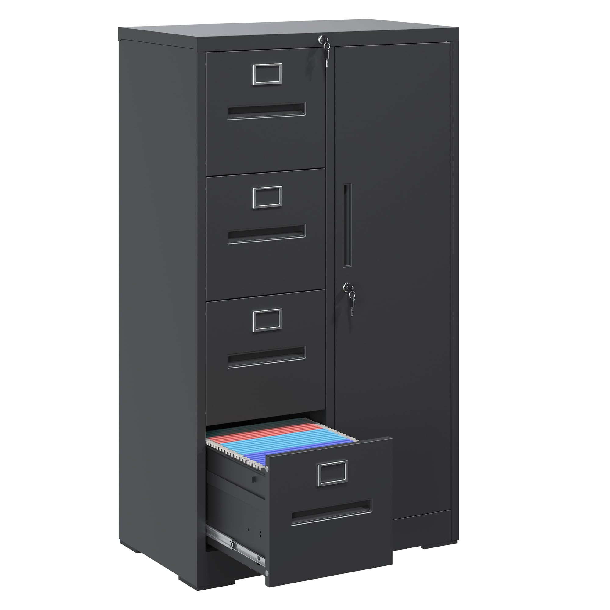 EKJ Filing Cabinets with Locks, 4 Drawers Cabinets Storage Units for Home Office, Black File Cabinet for Hanging File Folders Letter/Legal/A4/F4 Size