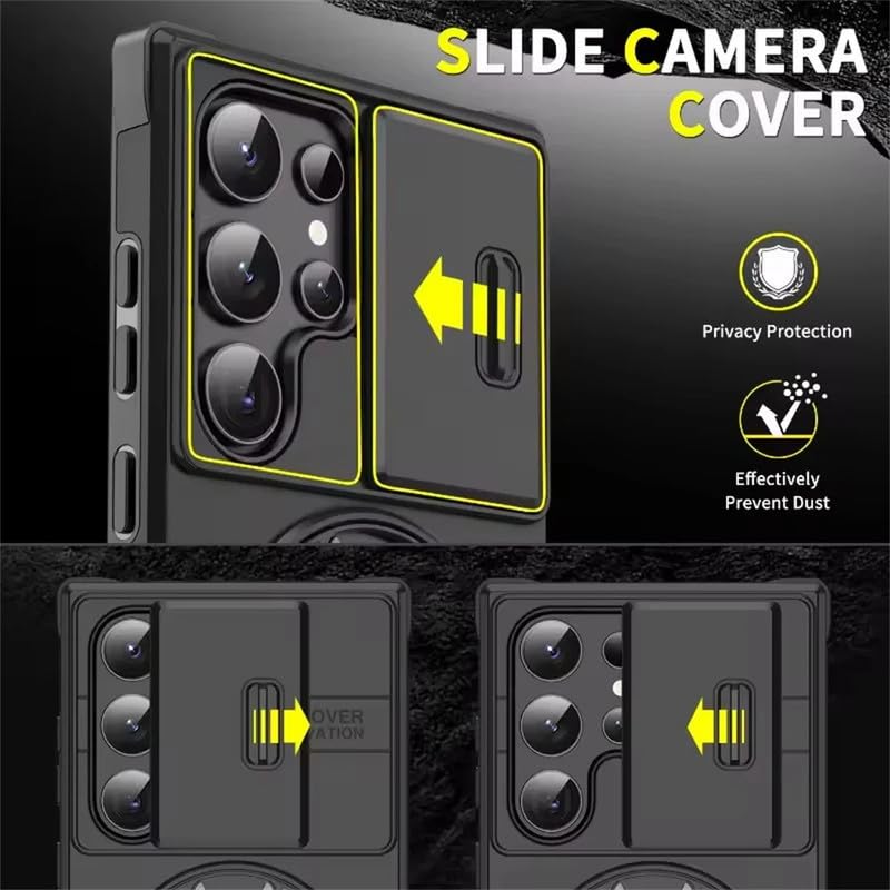 Image of LuxuryKase Shockproof Rugged Case for Samsung Galaxy S25 Ultra | Slide Camera Cover | 360 Rotating Ring Kickstand | Military-Grade Protection - Matte Black