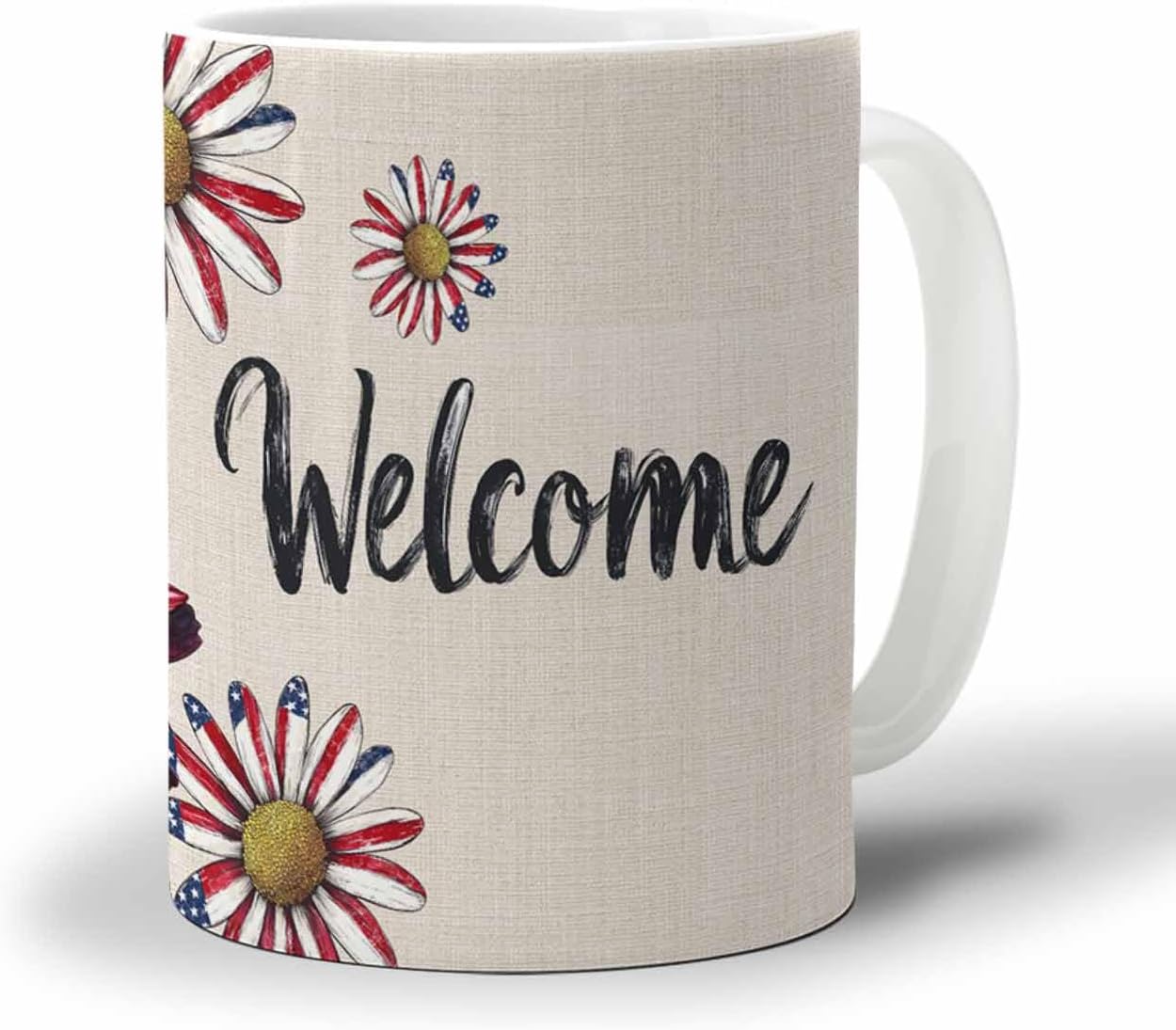 BEMIGO Ceramic Coffee Mug Independence Day Ceramic Mug White Cup, Daisy USA Flag Insulated Coffee Cup with Handle with Pattern Perfect for Tea and Hot Beverages, 12oz