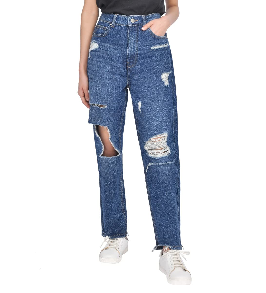 M17 Womens Ladies Denim Torn Hem Rip Mom Jeans High Waisted Classic Casual Cotton Trouser Pants with Pockets (16, Dark Wash Blue)