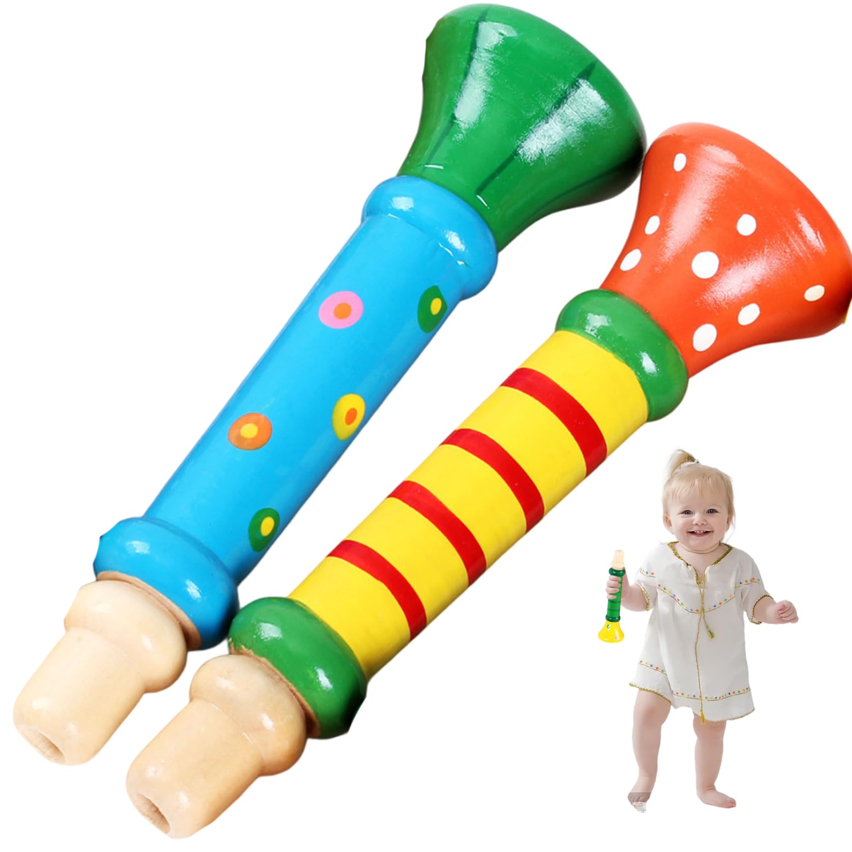 Trompeta de juguete 2 piezas pequeña de madera linda y segura trompeta para niños pequeños juego de simulación divertidos instrumentos musicales para niños de 1 a 3 años, color aleatorio, latón de vi