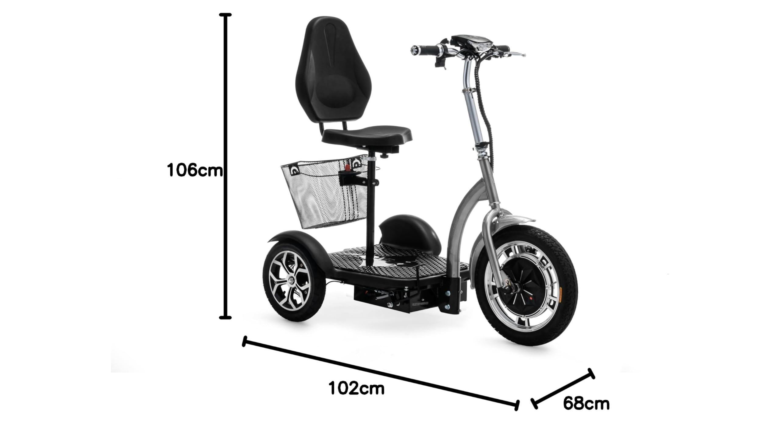 VELECO ZT16 - Scooter de movilidad de 3 ruedas - Totalmente ensamblado y listo para usar - Ruedas grandes - Fácil de maniobrar - Frenos delanteros y traseros - Cesta de la compra extraíble (PLATA)