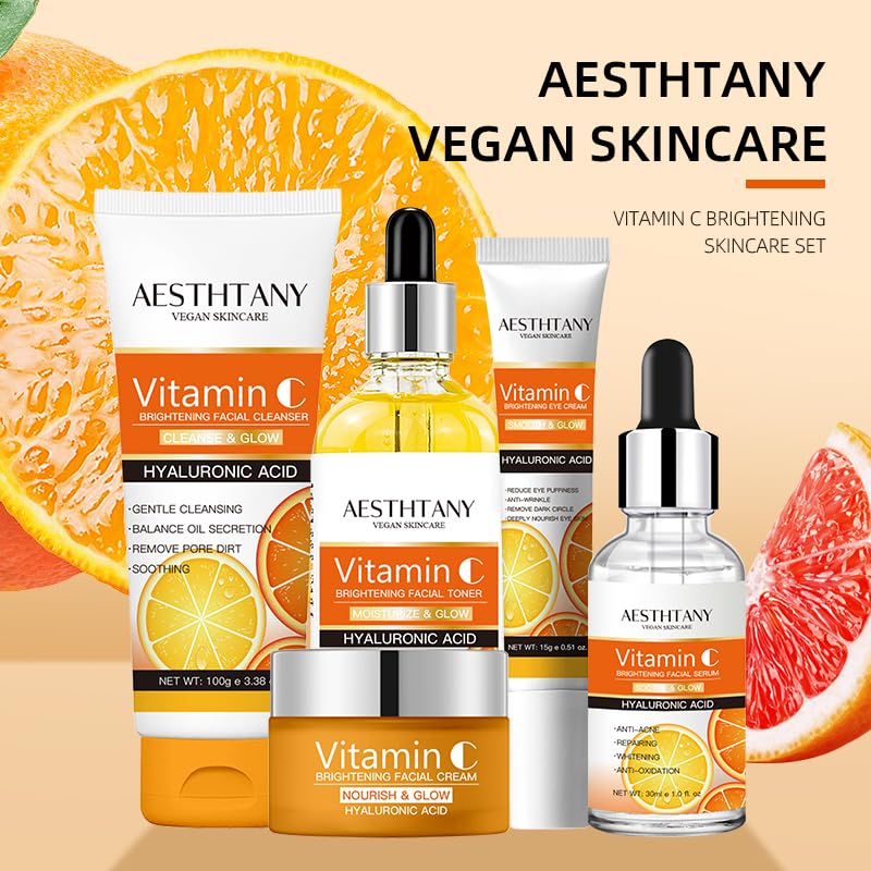 AESTHTANY Vitamin C Skin Care Set,Face Care Set for Women,with Cleanser,Toner,Eye Cream,Serum,Cream,Travel Size Skincare Set 5Pcs,Anti-Aging - Image 2