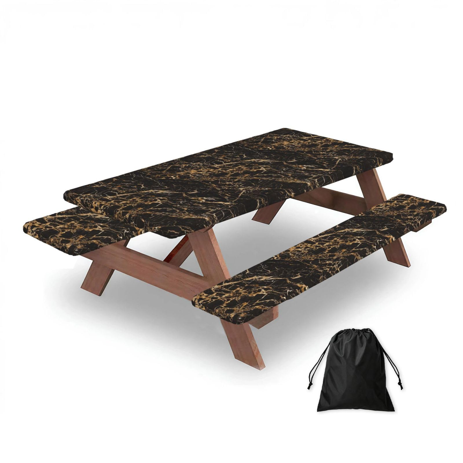 Golden Marble Pattern, Picnic Table Cover With Bench Covers -Waterproof Elastic Fitted Tablecloth for Garden Camping Patio 76x152cm