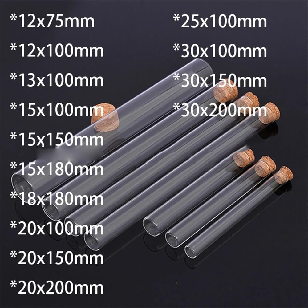 Glasreagenzgläser mit Korkstopfen, Labor-Reagenzglas mit Naturkorken, mehrere Größen, durchsichtiges Glasröhrchen flachem Boden, Packungen(30x200mm 10pcs)