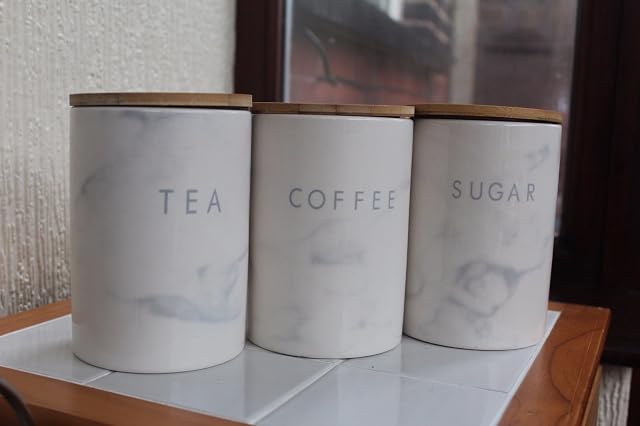 SET OF 3 MARBLE EFFECT GLOSSY CERAMIC TEA COFFEE SUGAR STORAGE JARS CANISTERS