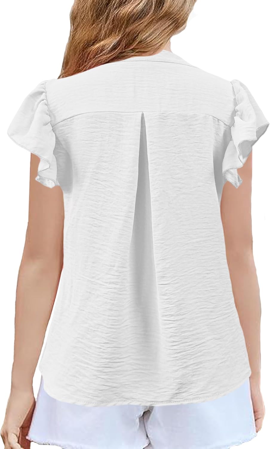 Floral Find Girls Casual Ruffle Short Sleeve V Neck Textured Shirts Summer Dressy Tunic Top Blouses - Image 2