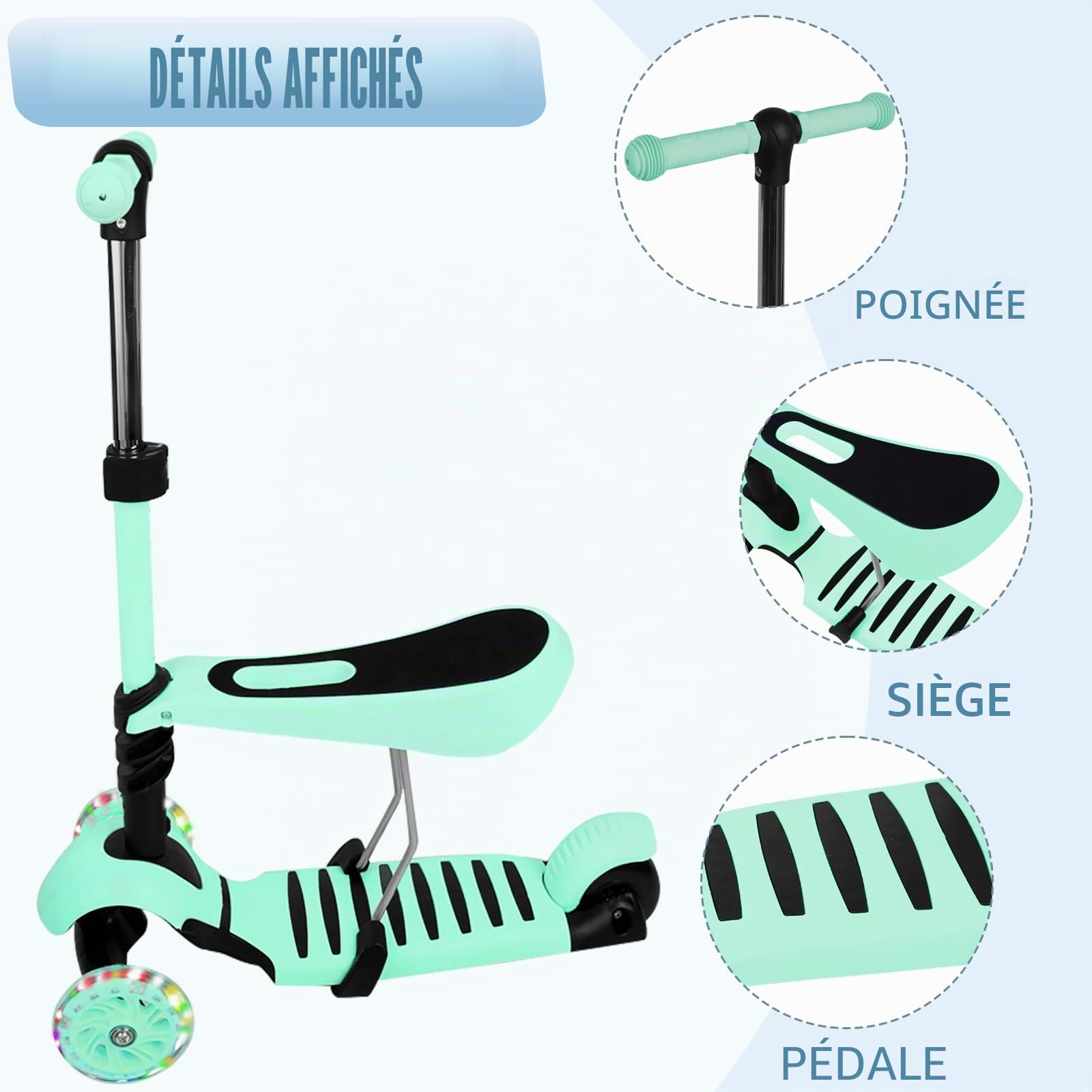 Trotinette Enfant 2-8 Ans 3 en 1 avec siège Amovible Trotteur évolutive Roues Lumineuses sans Pile Pliable