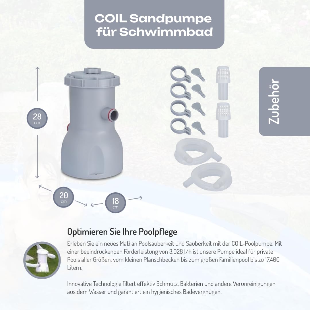 COIL Poolpumpe Filteranlage - 3028 l/h, für Schwimmbecken bis 17400 l, Kartuschenfilter & Filtrationskugeln, Energieeffizient 60W, Leichter Einbau, Pool Pumpe, Poolpumpe Sandfilter