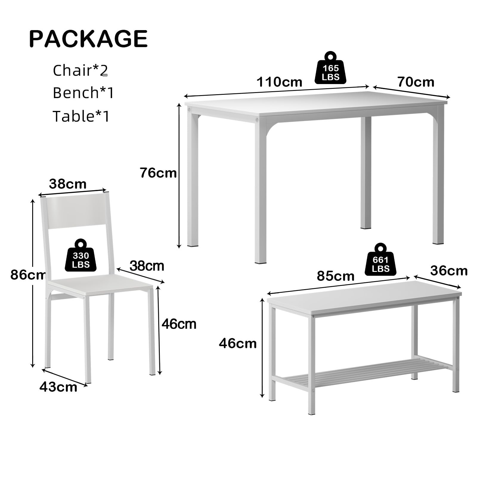 Ensemble Table de Salle à Manger avec 2 Chaises et 1 Banc Cadre en Acier Blanc pour 4 Personnes