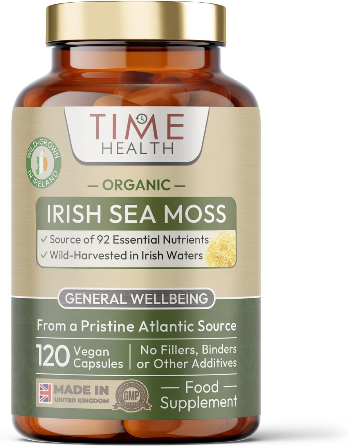 Time Health Organic Irish Sea Moss (Chrondrus crispus) - 120 Capsules - Wild Harvested from Irish Waters - Source of 92 Essential Nutrients - Iodine - Dr. Sebi - UK Made - GMP - Zero Additives