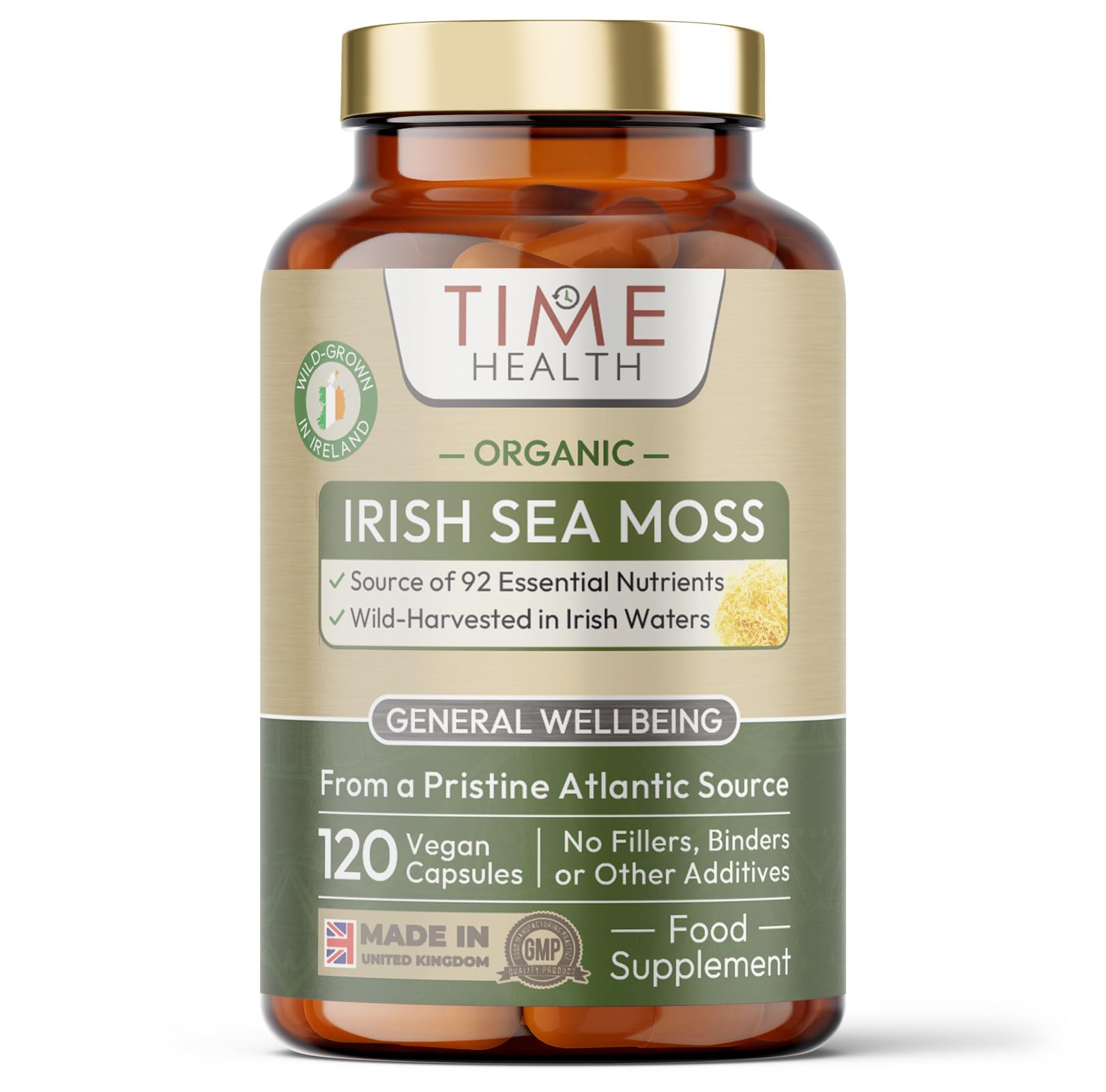 Organic Irish Sea Moss (Chrondrus crispus) - 120 Capsules - Wild Harvested from Irish Waters - Source of 92 Essential Nutrients - Iodine - Dr. Sebi - UK Made - GMP - Zero Additives