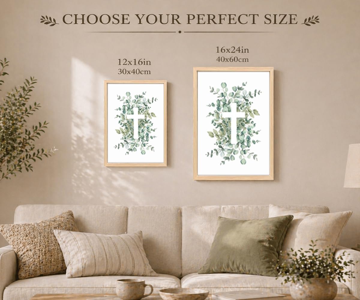 Framed Cross Eucalyptus Leaf Wall Art Picture Scripture Christian Prints Canvas Paintings Bible Poster Green Religion Minimalist Decor 12x16 Inches