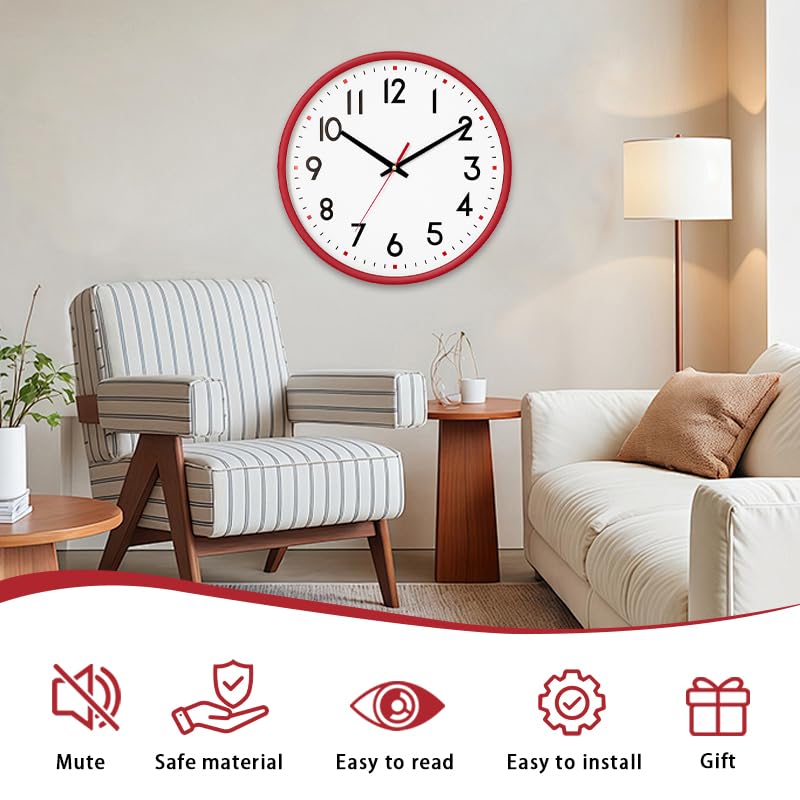 HZDHCLH Wall Clock Red,Silent Wall Clocks Battery Operated 8 Inch Modern Non Ticking Analog Clock Decorative for Kitchen Bedroom Living Room Office Classroom - Image 2