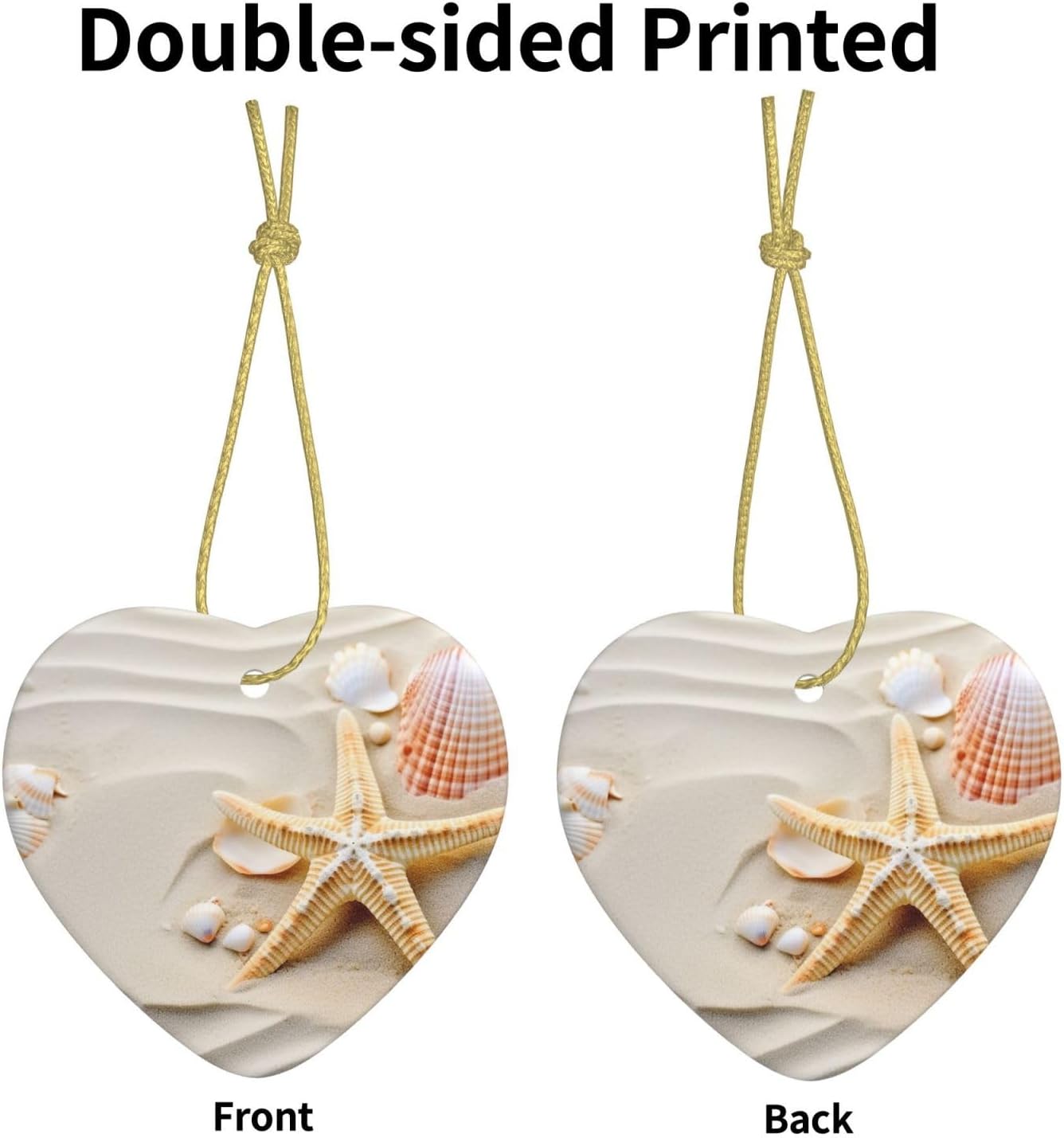 Ceramic Christmas Ornaments Heart Shaped Xmas Hanging Ornament Double-Sided Shell Starfish On The Sand Print Christmas Tree Pendants for Fireplace Party Holiday Wedding Xmas Decoration