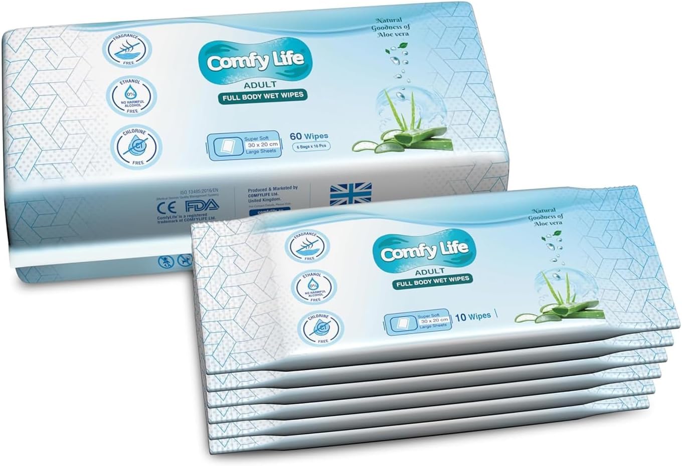 – Premium Full Body Cleansing Wet Wipes For Adults - Large Luxury Fresh-feel Rinse-free Fragrance-free Bed Bath Incontinence Hygiene Intimate-care Soft Sheets (6 x Travel Pack (60 Wipes))